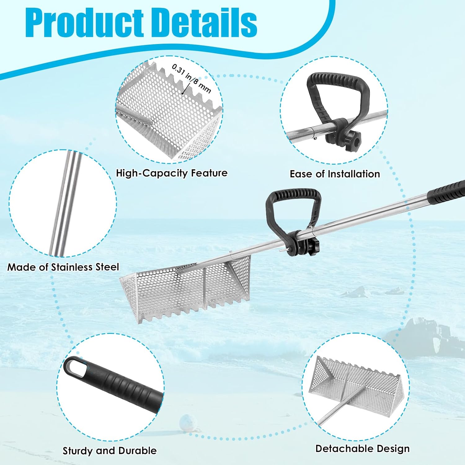 Sand Flea Rake, Detachable Sand Flea Rake, The Shark Tooth Screen Comes with A 16-Inch-Wide Drain Screen with A 51-Inch Handle(Water Bucket not Included)